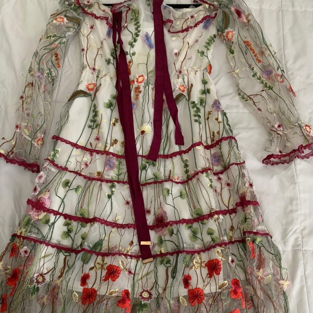 Floral Embroidered White Mesh Kids Dress with Burgundy Trim